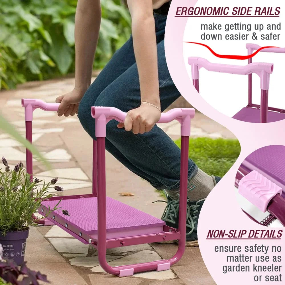 Folding Garden Kneeler, Portable Garden Kneeler Seat Bench with Tool Pouch and Gloves, Garden Kneeler Stool with Rugged & Sturdy Steel Frame(Purple)