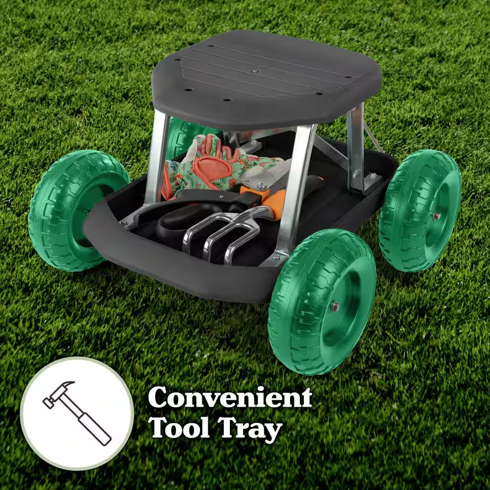 Garden Cart Rolling Scooter with Seat and Tool Tray