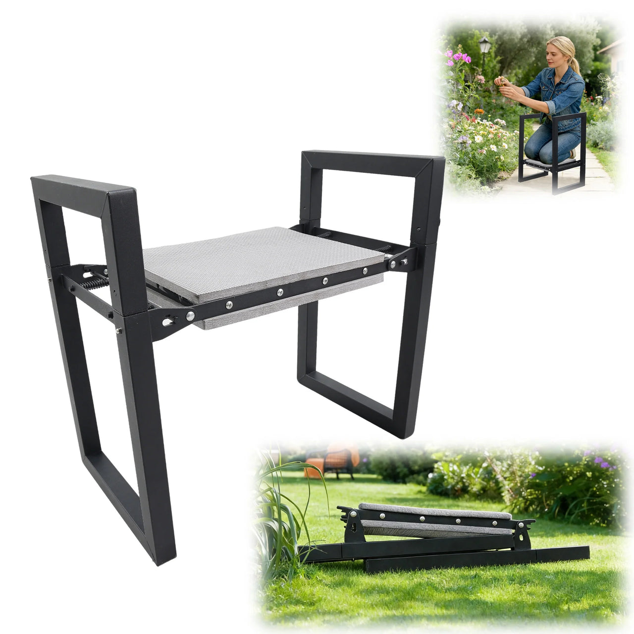 Garden Kneeler and Seat 19" X 20" Foldable Sturdy Metal Gardening Bench Kneeler and Seat, Soft Bench Kneeler,Black
