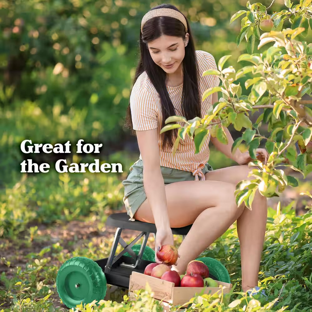 Garden Cart Rolling Scooter with Seat and Tool Tray