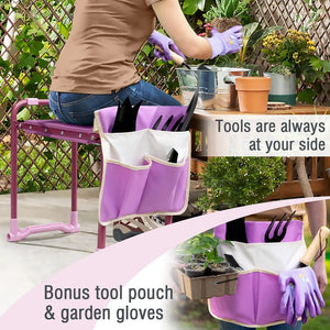 Folding Garden Kneeler, Portable Garden Kneeler Seat Bench with Tool Pouch and Gloves, Garden Kneeler Stool with Rugged & Sturdy Steel Frame(Purple)