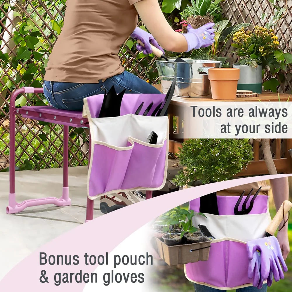 Folding Garden Kneeler, Portable Garden Kneeler Seat Bench with Tool Pouch and Gloves, Garden Kneeler Stool with Rugged & Sturdy Steel Frame(Purple)