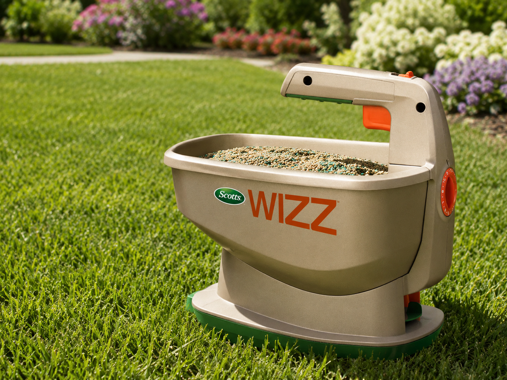 Wizz Handheld Broadcast Spreader, Covers Up to 2,500 Sq. Ft., Battery-Powered Lawn and Garden Spreader for Grass Seed, Fertilizer, Weed Control, Salt, Ice Melt, and Feed, Adjustable Coverage Control, Portable Yard Care Spreader