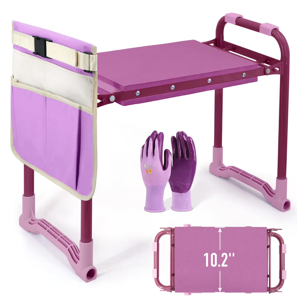 Folding Garden Kneeler, Portable Garden Kneeler Seat Bench with Tool Pouch and Gloves, Garden Kneeler Stool with Rugged & Sturdy Steel Frame(Purple)