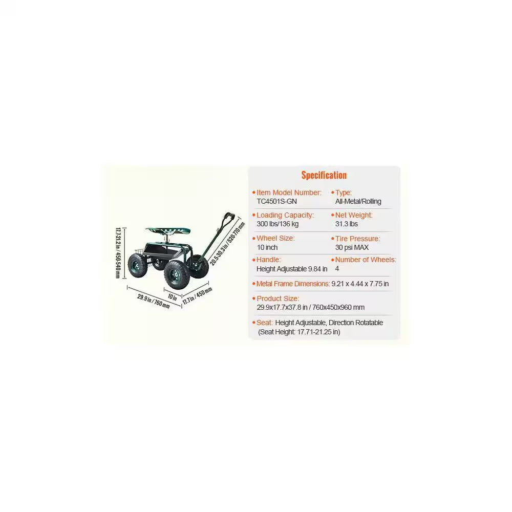 17 In. to 21 In. Garden Rolling Workseat with 360° Swivel for Patio, Yard, Outdoors