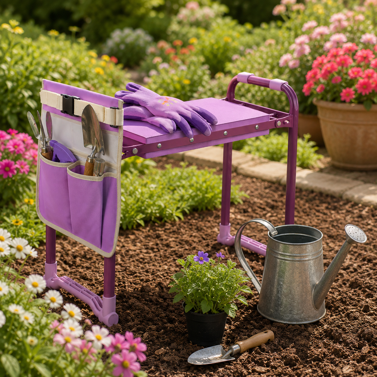 Pink Folding Garden Kneeler and Seat, Portable Garden Kneeler Bench with Tool Pouch and Gardening Gloves, Heavy Duty Garden Kneeler Stool, Foldable Garden Seat with Rugged Steel Frame for Weeding, Planting, Pruning and Yard Work, Purple