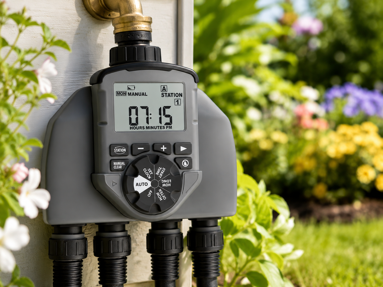4-Outlet Programmable Hose Watering Timer Sprinkler Timer, Digital Automatic Garden Irrigation Controller, Multi-Zone Water Timer with 4 Independent Outlets, LCD Display, Adjustable Watering, Hose Faucet Timer for Lawn, Yard, Garden, Plants, Greenhouse