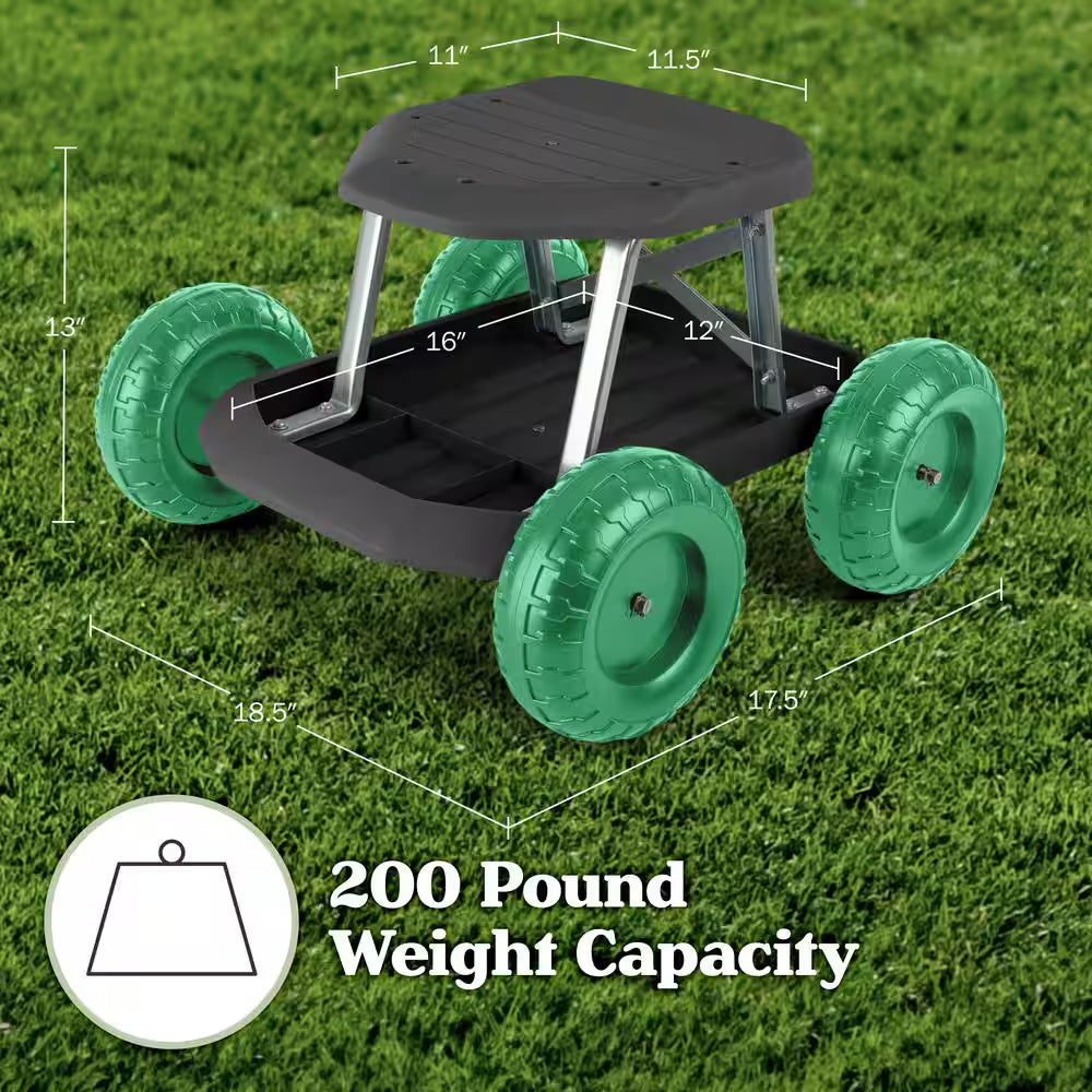 Garden Cart Rolling Scooter with Seat and Tool Tray