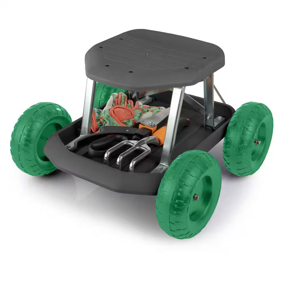 Garden Cart Rolling Scooter with Seat and Tool Tray