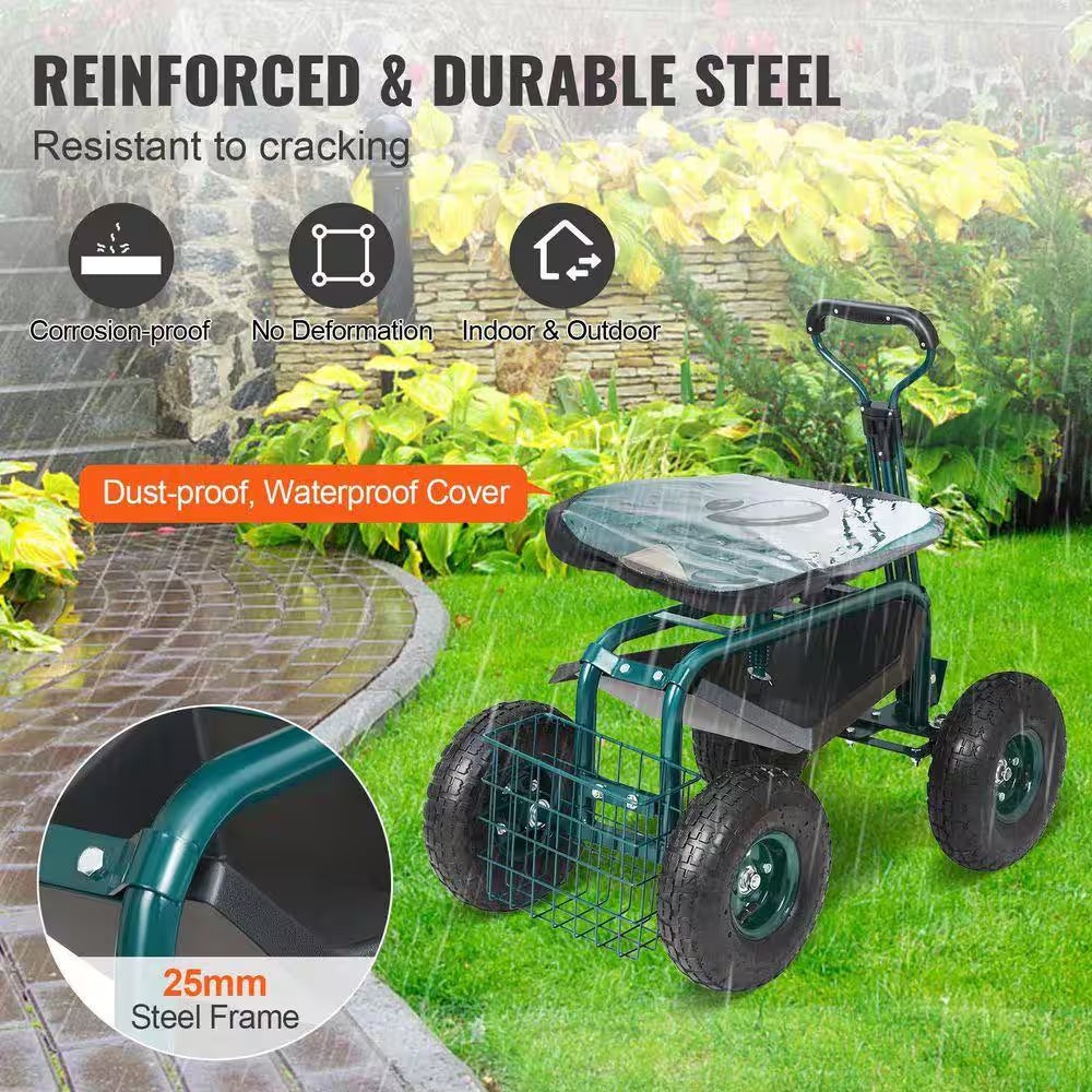 17 In. to 21 In. Garden Rolling Workseat with 360° Swivel for Patio, Yard, Outdoors