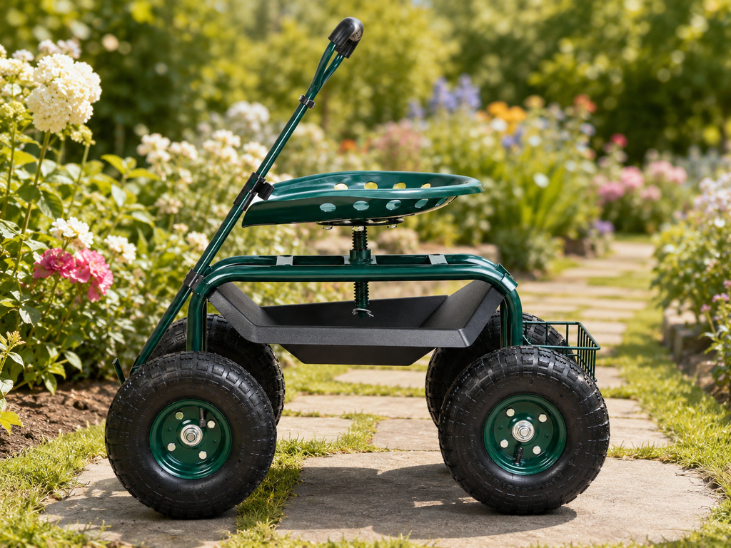 17 in. to 21 in. Garden Rolling Workseat with 360° Swivel Seat, Adjustable Rolling Garden Cart, Heavy Duty Outdoor Gardening Stool, Lawn Tractor Seat, Wheeled Garden Scooter with Storage Tray, Utility Basket, Handle, Patio, Yard, Outdoors