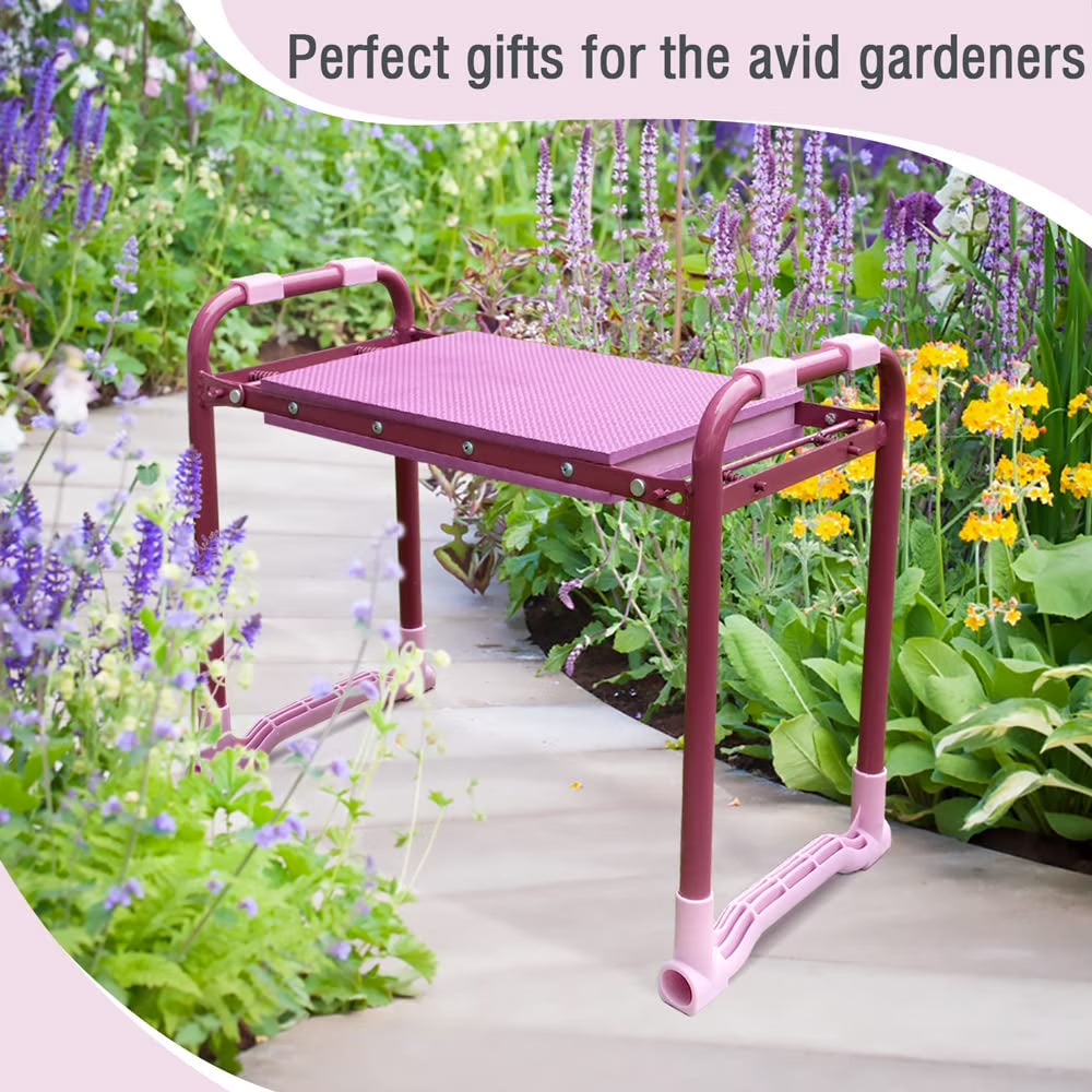 Folding Garden Kneeler, Portable Garden Kneeler Seat Bench with Tool Pouch and Gloves, Garden Kneeler Stool with Rugged & Sturdy Steel Frame(Purple)