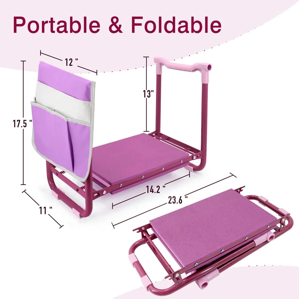 Folding Garden Kneeler, Portable Garden Kneeler Seat Bench with Tool Pouch and Gloves, Garden Kneeler Stool with Rugged & Sturdy Steel Frame(Purple)