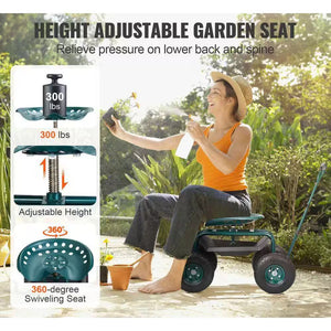 17 In. to 21 In. Garden Rolling Workseat with 360° Swivel for Patio, Yard, Outdoors